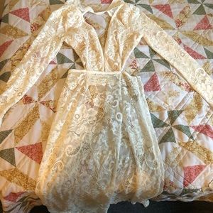 White lace plunge backless maxi dress